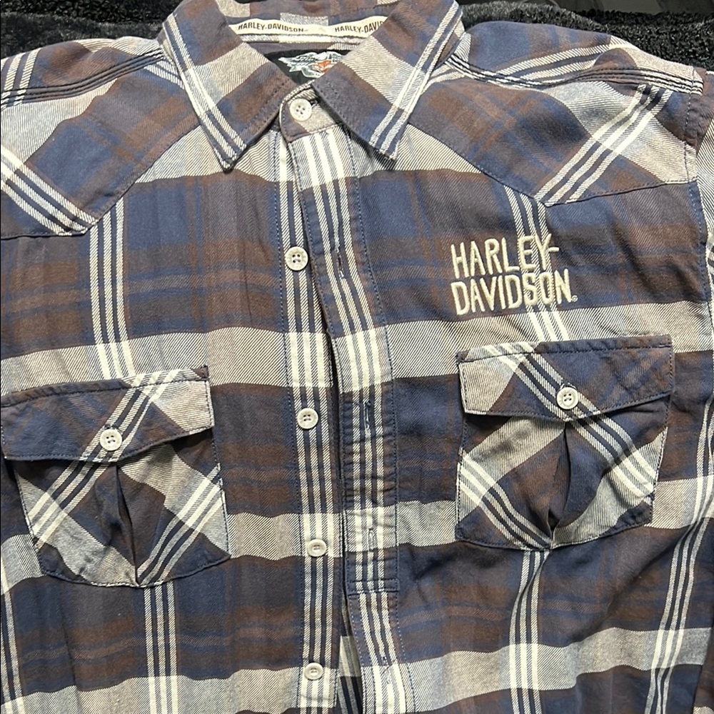 Harley-Davidson Men's Blue and Brown Dress Shirt